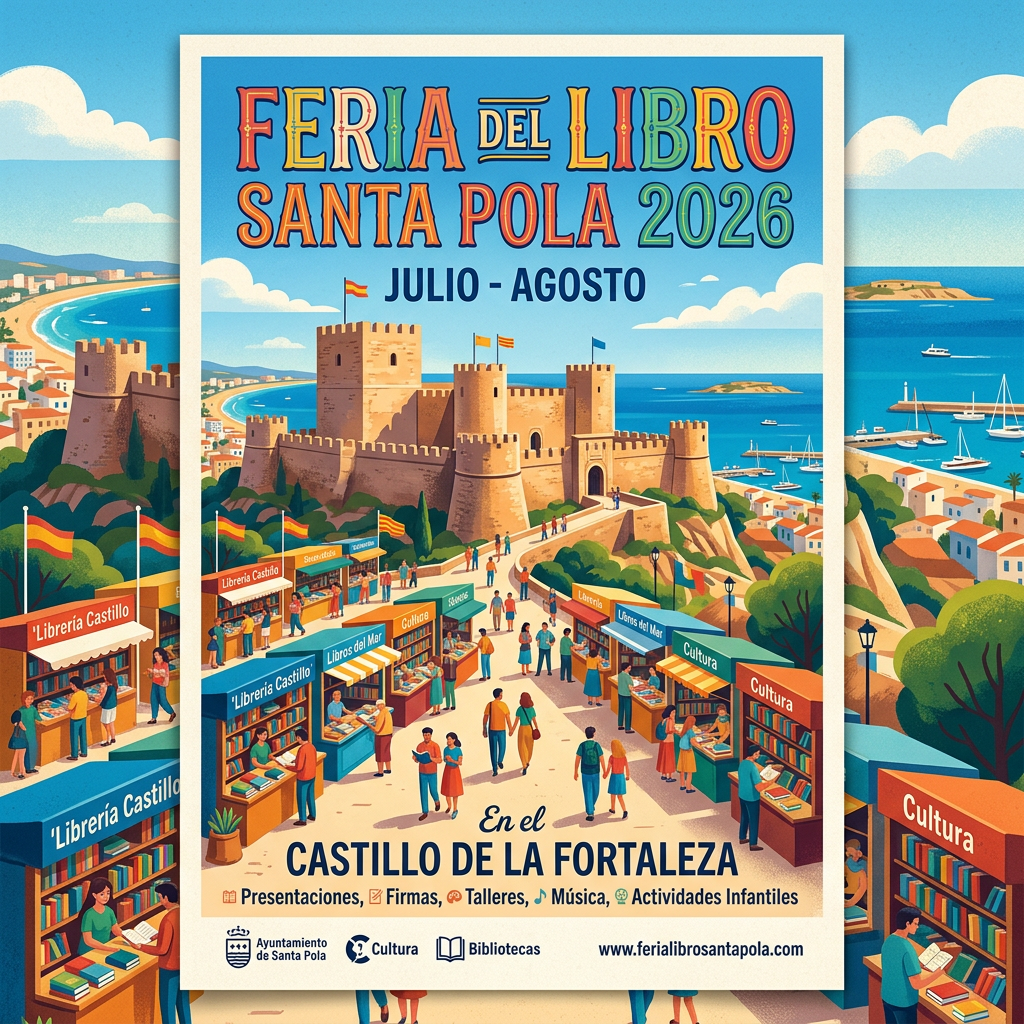 Poster for Feria del Libro Santa Pola 2026 at Castillo de la Fortaleza with market stalls and attendees